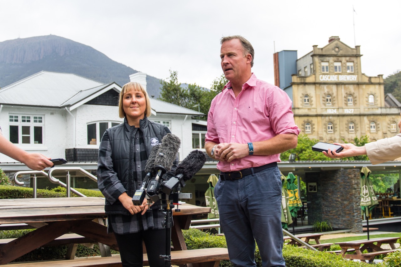 Anita Holdsworth with Tasmanian Premier Will Hodgman at Cascade Brewery